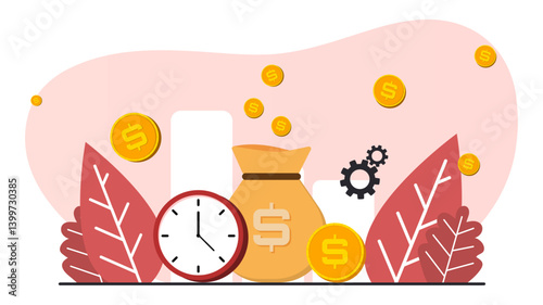 Finance background with coins and clock. Vector illustration. Personal data design. Business design. Flat cartoon style.