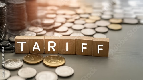 Coins on table with wooden blocks forming word TARIFF show financial effect of Import tariffs, Tariff rates and meaning of Tariffs Tax