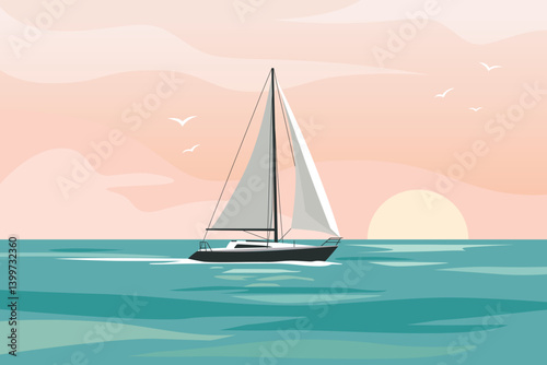Yacht at sunset, beautiful seascape, vacation mood. Vector illustration