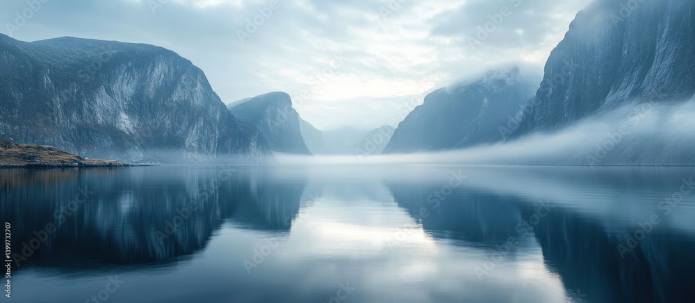 Fototapeta premium Misty fjord mountains reflecting in calm water. Peaceful nature scene