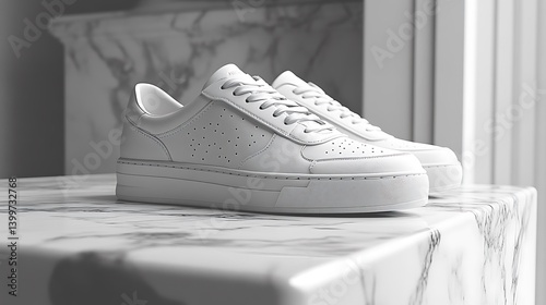 A minimalist sneaker advertisement on a clean white marble surface, soft diffused lighting, subtle shadows, top-down perspective, focus on texture and simplicity