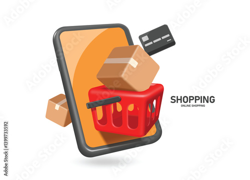 Parcel box or cardboard box placed in red shopping basket after customer confirm online order on smartphone or mobile phone with credit card, vector 3d isolated for e-commerce advertising