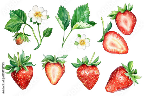watercolor illustrations of strawberries including whole berries cut sections leaves and flowers showcasing their natural beauty and details