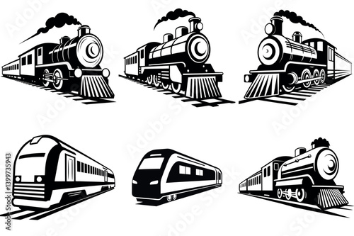 Collection of Six Different Black and White Train vector illustration Illustrations Steam Locomotives and Modern High Speed Trains