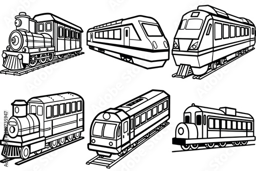 Collection of Six Different Types of vector illustration Trains in Black and White Line Drawings