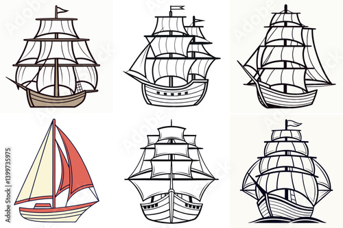Collection of Six Different Vintage Sailing vector illustration Ships Illustrations Various Styles and Designs