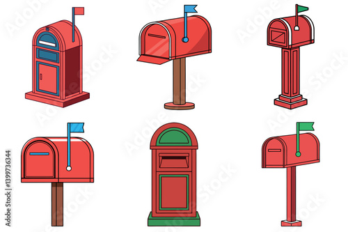 Collection of Six Different Red vector illustration Mailboxes with Flags and Various Styles