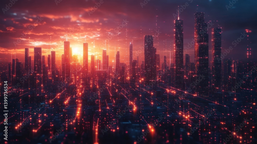 Fototapeta premium Futuristic Cityscape at Sunset: A Digital Metropolis