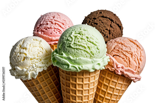 ice cream concept colorful scoop on waffle cone on transparent background cutout png file many assorted different flavour mockup template for artwork design dondurma topları