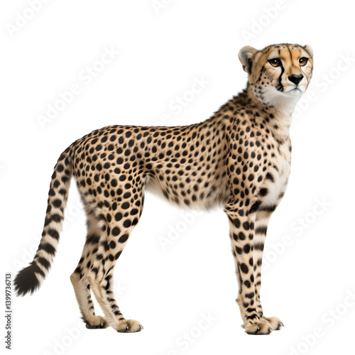 Alert cheetah standing tall, sleek body and distinctive spots, isolated on white background, ideal for wildlife or design themes. photo