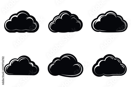 Collection of Six Different Black Cloud Icons Vector Illustrations Set