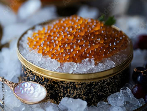 Luxurious caviar served on ice with decorative spoon