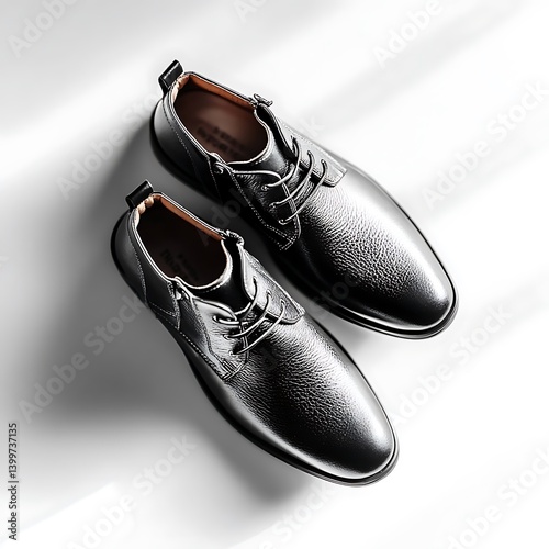 A minimalist studio shot of a pair of black leather shoes on a white backdrop, soft overhead lighting creating clean shadows, symmetrical composition