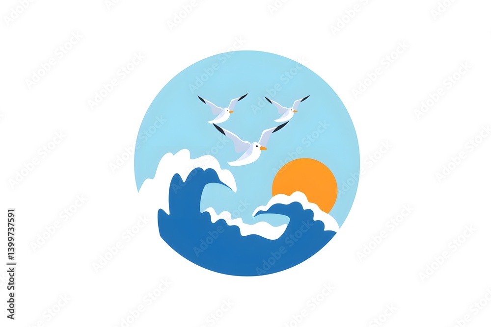 Fototapeta premium Waves and Seagulls in a Serene Coastal Landscape at Sunset