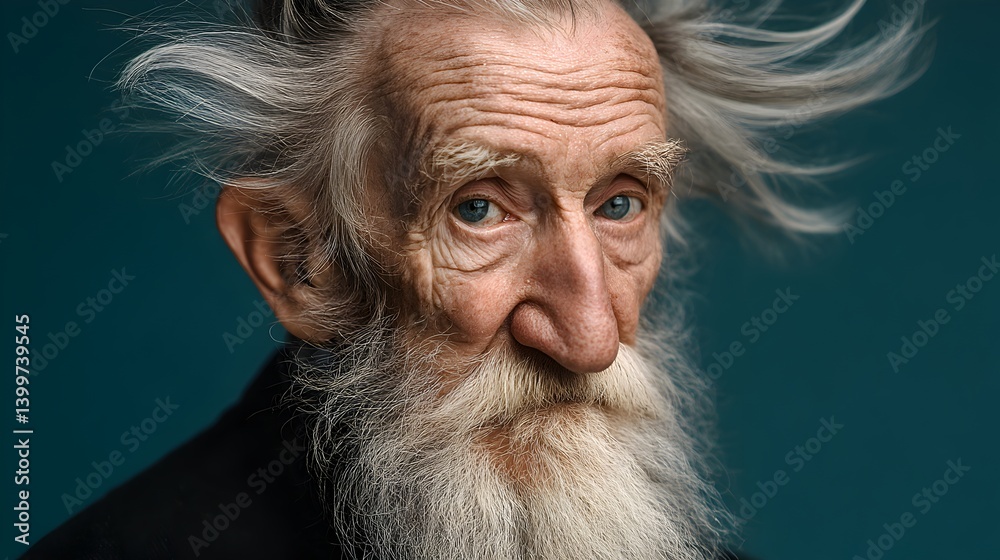 A close-up portrait reveals a weathered old man with a long white beard and windblown hair against a teal background. A close-up portrait reveals a weathered old man with a long white beard and windblown hair against a teal background.