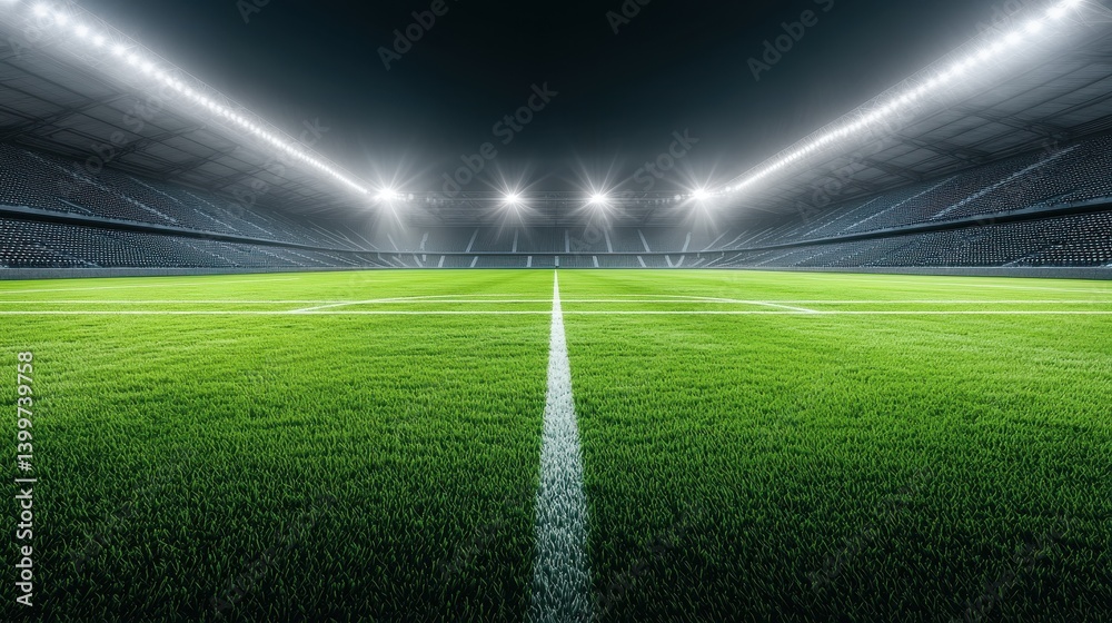 Obraz premium Illuminated Empty Sports Stadium with Lush Green Turf at Night
