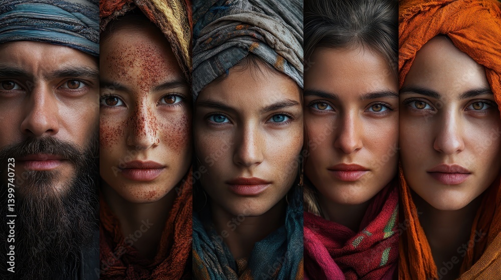 Portraits of diverse adults in vibrant headdresses with expressive eyes Portraits of diverse adults in vibrant headdresses with expressive eyes