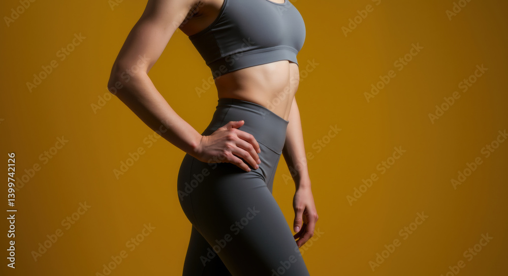 Fototapeta premium Fit woman in gray sports bra and matching leggings with hand on hip against yellow background. Athletic body concept for activewear advertising, fitness programs, sportswear marketing
