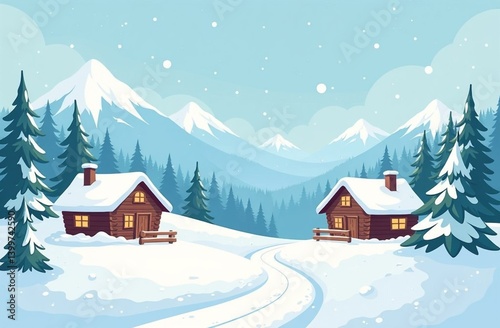 Cozy winter cabins nestled in snow-covered mountains surrounded by tall pine trees on a clear day