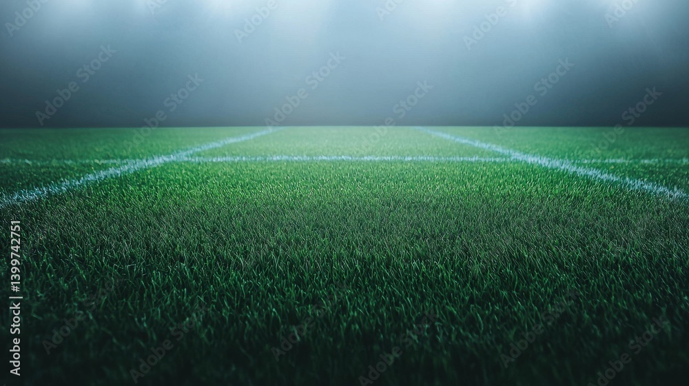 Obraz premium Lush Green Football Field Under Soft Stadium Lights at Night