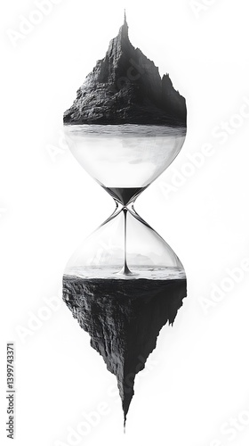 A minimalist surreal illustration of a giant hourglass filled with liquid mercury, suspended in a monochrome void, ultra-detailed, sleek and futuristic, ideal for a metal poster