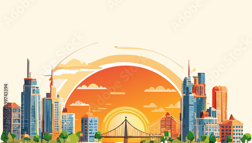 illustration of a vibrant cityscape at sunset, featuring iconic buildings and a bridge.