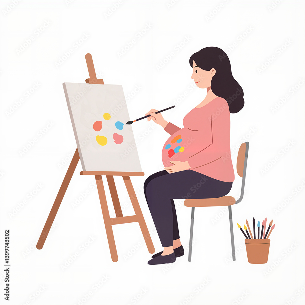 Focused Pregnant Artist Creating Colorful Painting in Simple Studio Setting Focused Pregnant Artist Creating Colorful Painting in Simple Studio Setting