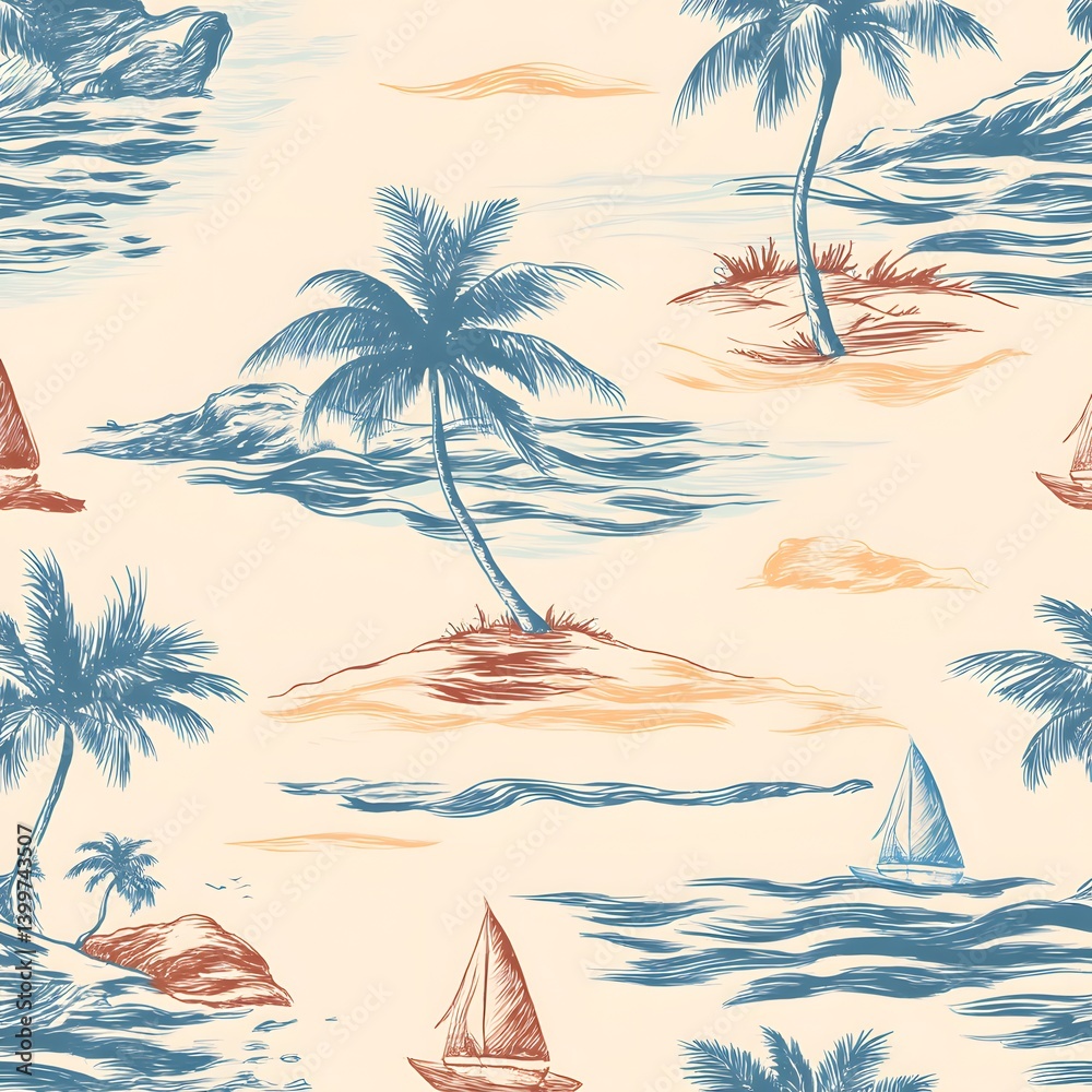 Obraz premium Vintage Seamless Tropical Island Pattern With Sailboats and Palm Trees