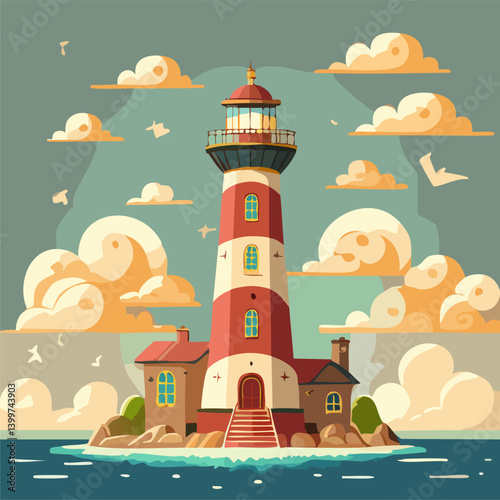 Illustration of Majestic Lighthouse on a Serene Island at Sunset
