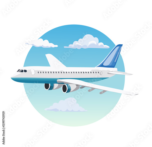 Wallpaper Mural illustration of a white and blue airplane flying in a blue circle with clouds. Torontodigital.ca