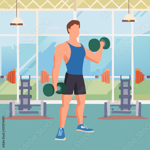 illustration of a man exercising with dumbbells in a gym setting.