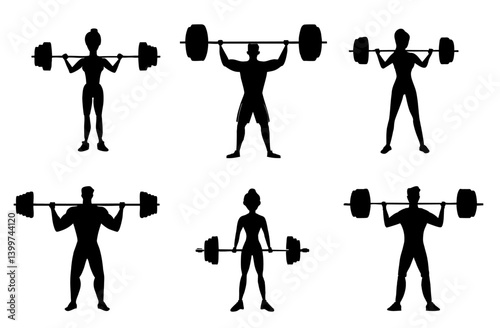 Set illustration of diverse male and female silhouettes lifting barbells.