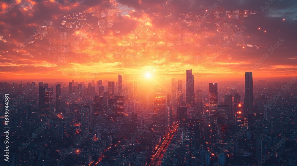 Fototapeta premium Sunset over futuristic urban skyline with abstract world map overlay