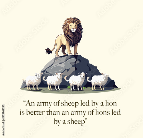 illustration of a lion standing atop a rock, overseeing four sheep, accompanied by a quote about leadership.