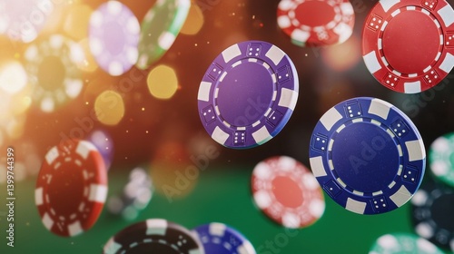 Colorful Casino Chips Falling in Dynamic Motion Against Soft Glow