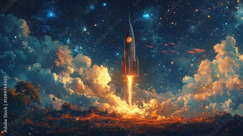 Fototapeta premium Rocket launch in vibrant night sky with stars and clouds