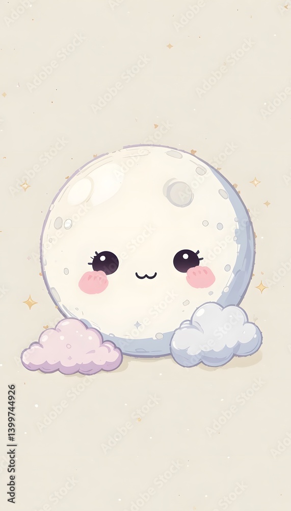 Adorable Kawaii Moon Illustration with Clouds and Stars Night Sky Fantasy Art Adorable Kawaii Moon Illustration with Clouds and Stars Night Sky Fantasy Art