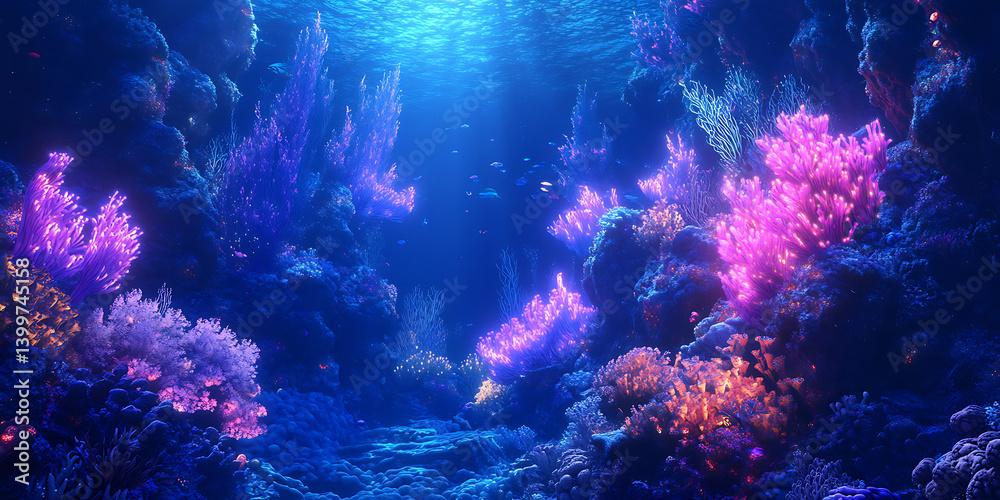 Fototapeta premium Deep-Sea Kingdom Glowing with Bioluminescence for Fantasy Branding