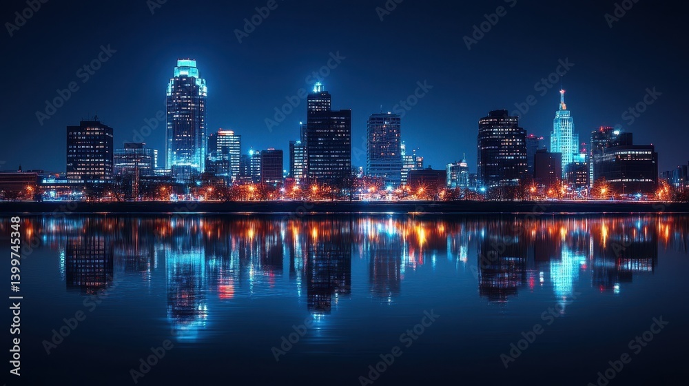 Naklejka premium Vibrant night skyline reflecting over water with bright city lights