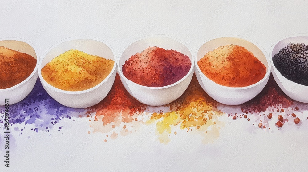 Colorful Spices in Bowls Displayed on White Background Colorful Spices in Bowls Displayed on White Background