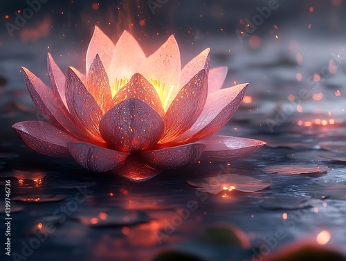 A minimalist surreal illustration of a floating metallic lotus with intricate fractal petals, glowing in a dark void, ultra-detailed, futuristic and elegant, ideal for a metal poster