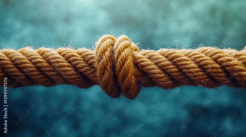 Close-up of thick brown rope with knot on blurred blue background