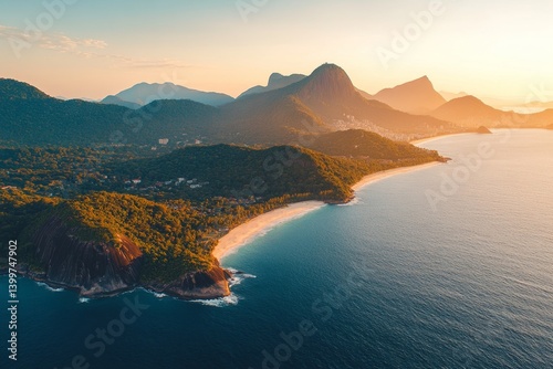 Stunning sunrise over a tropical paradise. Lush green mountains meet a pristine white beach, bathed in golden sunlight.  Tranquil coastal scene