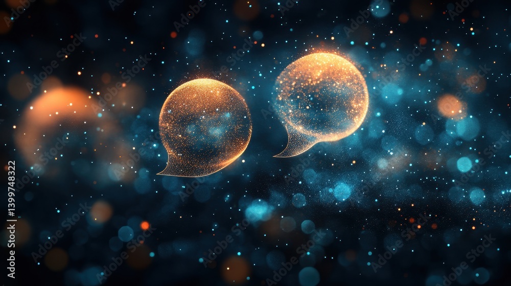 Fototapeta premium Glowing speech bubbles amidst magical blue and orange bokeh particles