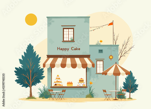 Whimsical Happy Cake Shop with Outdoor Seating
