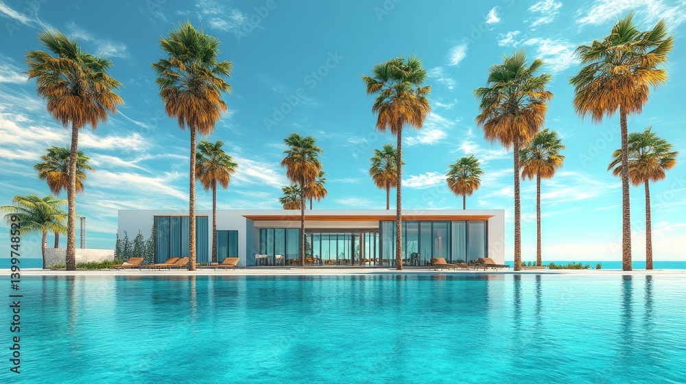 Fototapeta premium Luxurious modern house with a pool surrounded by palm trees on a sunny day near the sea