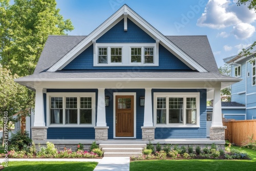 Charming blue-and-white house with front porch