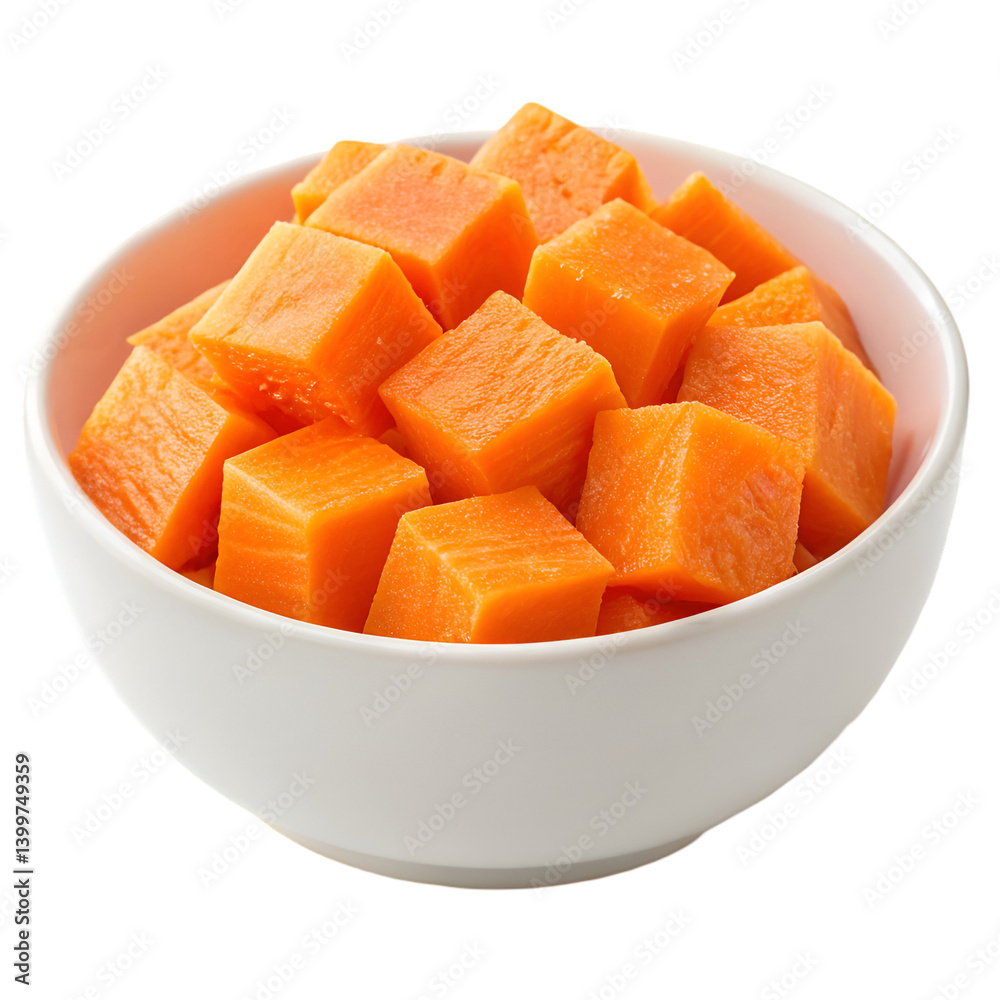 Carrot cubes on white bowl isolated on white background Carrot cubes on white bowl isolated on white background