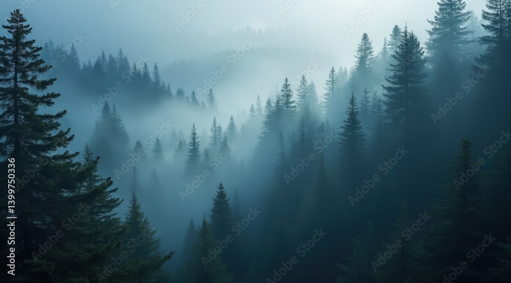 Fototapeta premium Misty forest landscape with towering evergreen trees.