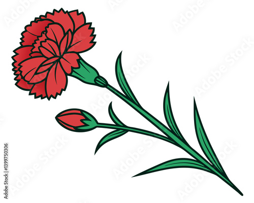Vibrant red carnation flower illustration with green stem and leaves. Beautiful scarlet carnation drawing with textured petals and a closed bud. 